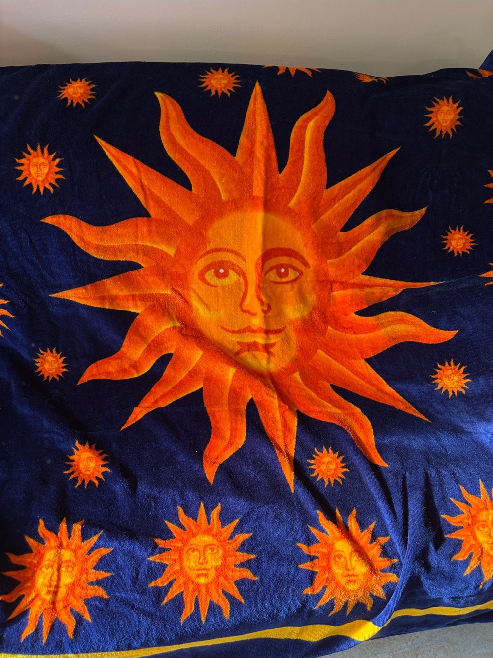 Sun Face Tapestry Throw in Orange on Deep Blue